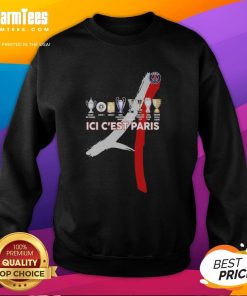 Alt Text: Official Paris Saint Germain Football ICI C'est Paris trophy sweatshirt featuring team logo and stylish design.