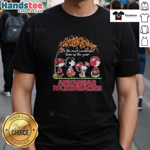 Official Peanuts Characters X Arkansas Razorbacks NFL T-shirt celebrating 'It's The Most Wonderful Time Of The Year.'