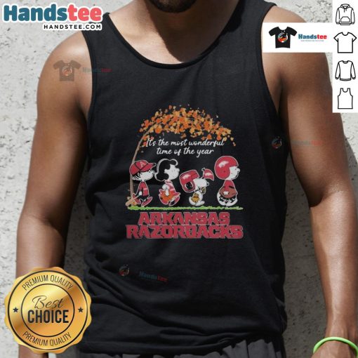 Official Peanuts characters X Arkansas Razorbacks NFL tank top celebrating 'It's The Most Wonderful Time Of The Year'.