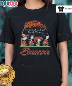 Official Peanuts characters on Oregon State Beavers NFL tee, celebrating 'It's The Most Wonderful Time Of The Year'.
