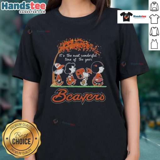Official Peanuts characters on Oregon State Beavers NFL tee, celebrating 'It's The Most Wonderful Time Of The Year'.