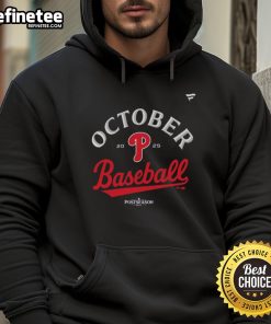 Official Philadelphia Phillies October Baseball 2025 MLB Postseason locker room hoodie displayed on a hanger.