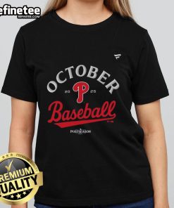Official Philadelphia Phillies October Baseball 2025 MLB postseason locker room ladies tee showcasing team spirit.