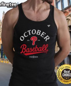 Official Philadelphia Phillies October Baseball 2025 MLB postseason locker room tank top featuring team logo and colors.