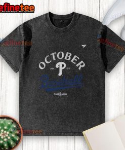 Alt Text: Official Philadelphia Phillies October Baseball 2025 MLB washed t-shirt featuring team logo and vintage style.