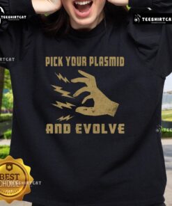 Official Pick Your Plasmid And Evolve Sweatshirt featuring a vibrant design for science enthusiasts and gamers.