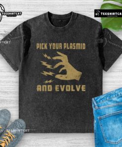 Official Pick Your Plasmid and Evolve washed t-shirt featuring vibrant graphic design for biotech enthusiasts.