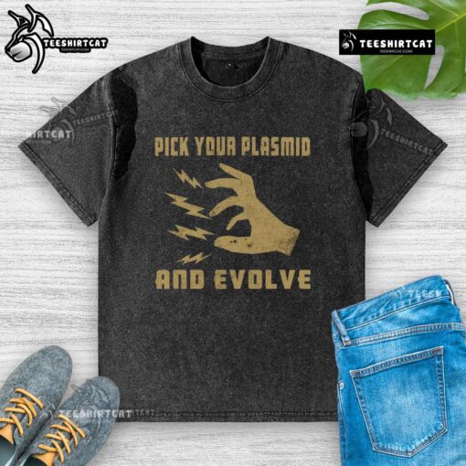 Official Pick Your Plasmid and Evolve washed t-shirt featuring vibrant graphic design for biotech enthusiasts.