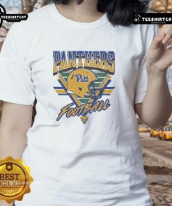 Alt Text: Official Pittsburgh Panthers triangle vintage logo helmet ladies tee featuring team colors and stylish design.
