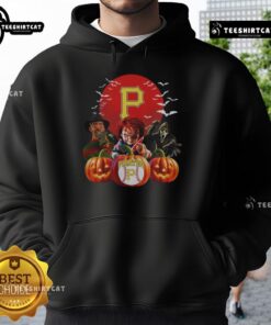 Official Pittsburgh Pirates MLB horror movie Halloween hoodie featuring a spooky design and team logo.