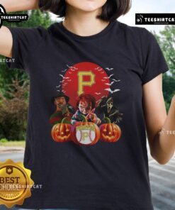 Official Pittsburgh Pirates MLB Horror Movie Halloween Ladies Tee featuring spooky graphics and team logo for fans.