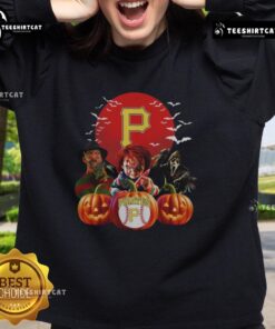 Official Pittsburgh Pirates MLB horror movie Halloween sweatshirt featuring spooky graphics and team logo.