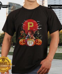 Official Pittsburgh Pirates MLB horror movie Halloween T-shirt featuring a spooky design perfect for fans and Halloween celebrations.