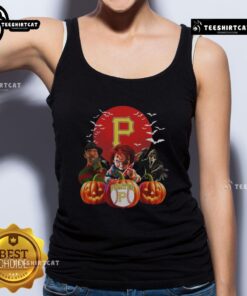 Official Pittsburgh Pirates MLB Horror Movie Halloween tank top featuring spooky design and team logo, perfect for fans.