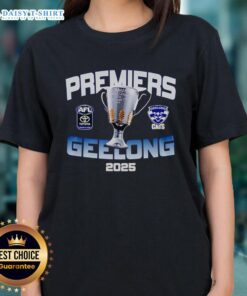 Official Premiers Geelong 2025 Champions Ladies Tee featuring team colors and logo, perfect for fans celebrating victory.