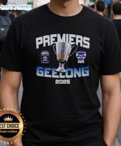 Alt Text: Official Premiers Geelong 2025 Champions T-Shirt featuring team colors and logo, perfect for fans celebrating the win.