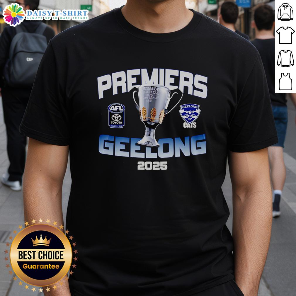 Official Premiers Geelong 2025 Champions T Shirt Alt Text: Official Premiers Geelong 2025 Champions T-Shirt featuring team colors and logo, perfect for fans celebrating the win.