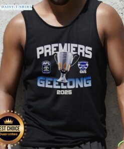 Official Premiers Geelong 2025 Champions tank top showcasing team colors and logo for fans celebrating the victory.