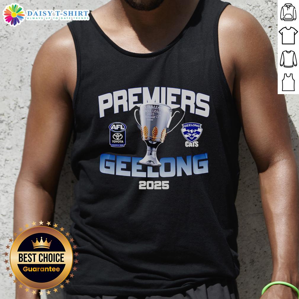 Official Premiers Geelong 2025 Champions Tank Top Official Premiers Geelong 2025 Champions tank top showcasing team colors and logo for fans celebrating the victory.