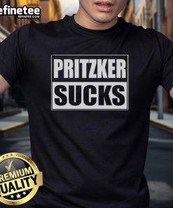 Official Pritzker Sucks T-Shirt featuring bold text, perfect for expressing political views and showing dissent.