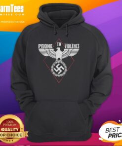 Official Prone To Violence Nazi Hoodie displayed on a mannequin, showcasing its bold design and controversial message.
