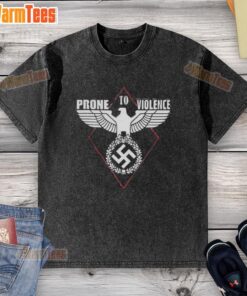 Official Prone to Violence Nazi washed t-shirt featuring bold graphic design and vintage style, perfect for edgy fashion.