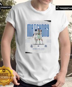 Official Real Madrid vs Marseille UEFA Champions League 2025 matchday T-shirt featuring team logos and vibrant design.
