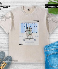 Official Real Madrid vs Marseille UEFA Champions League 2025 Matchday washed t-shirt featuring team logos and vibrant design.