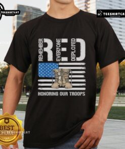 Alt Text: Official Red Honoring Our Troops T-Shirt featuring patriotic design and supportive message for military heroes.