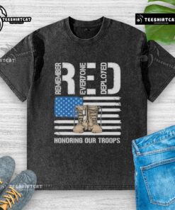 Official RED Honoring Our Troops washed t-shirt showcasing patriotic design in vibrant red color, perfect for veterans.