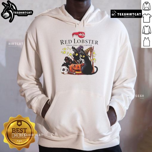 Official Red Lobster black cat witch pumpkin haunted house Halloween hoodie featuring a spooky festive design.