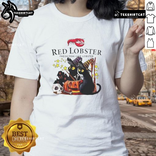 Alt Text: Official Red Lobster Halloween tee featuring a black cat, pumpkin, and haunted house design for ladies.
