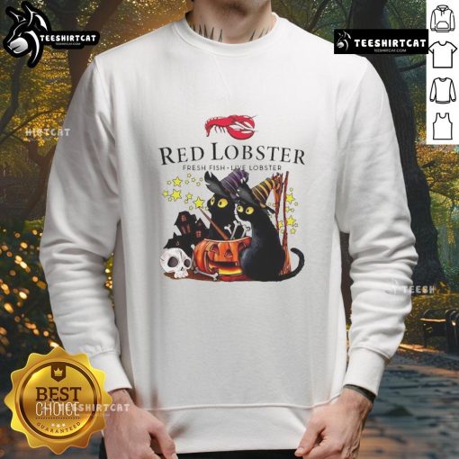 Official Red Lobster Black Cat Witch Pumpkin Haunted House Halloween Sweatshirt featuring festive Halloween designs.