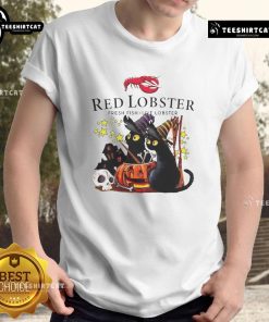 Official Red Lobster Black Cat Witch Pumpkin Haunted House Halloween T-Shirt featuring spooky designs for Halloween fun.