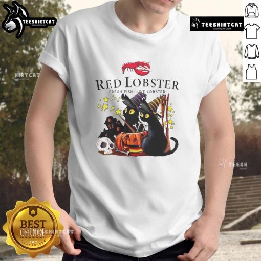 Official Red Lobster Black Cat Witch Pumpkin Haunted House Halloween T-Shirt featuring spooky designs for Halloween fun.