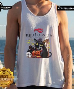 Official Red Lobster Black Cat Witch Pumpkin Haunted House Halloween Tank Top featuring festive Halloween designs.