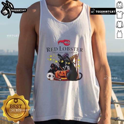 Official Red Lobster Black Cat Witch Pumpkin Haunted House Halloween Tank Top featuring festive Halloween designs.