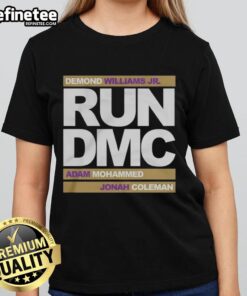 Run DMC football tee featuring Demond Williams Jr., Adam Mohammed, and Johnah Coleman, perfect for fans and fashion.