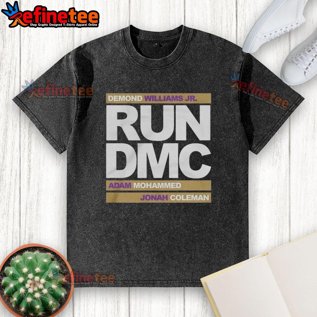 Official Run DMC Football Demond Williams Jr. Adam Mohammed and Johnah Coleman Washed T-Shirt Alt Text: Official Run DMC football t-shirt featuring Demond Williams Jr., Adam Mohammed, and Johnah Coleman in a stylish design.