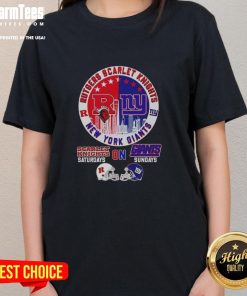 Alt Text: Official Rutgers Scarlet Knights and New York Giants helmet graphic on a city skyline ladies tee shirt.