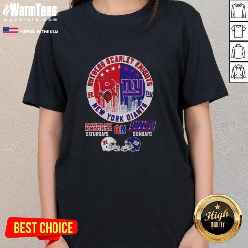 Alt Text: Official Rutgers Scarlet Knights and New York Giants helmet graphic on a city skyline ladies tee shirt.