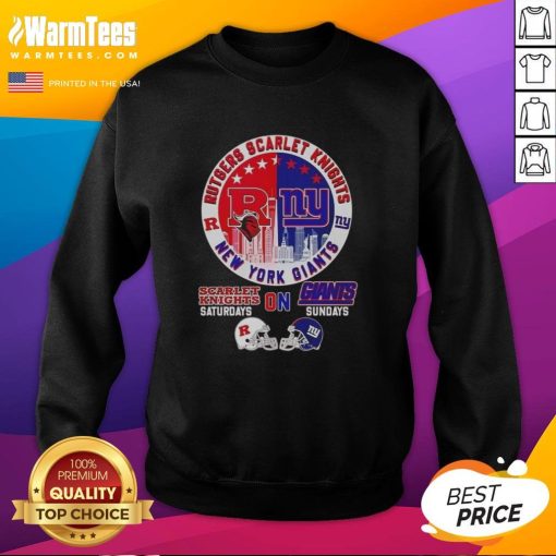 Official Rutgers Scarlet Knights and New York Giants helmet sweatshirt with city skyline design, perfect for fans.