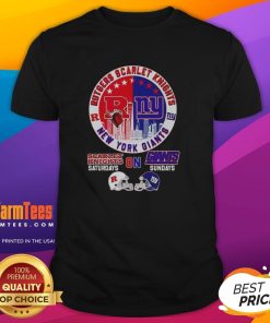 Official Rutgers Scarlet Knights and New York Giants helmet graphic on city skyline t-shirt for fans and supporters.