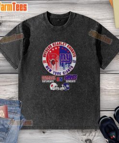 Official Rutgers Scarlet Knights and New York Giants helmet graphic on a city skyline washed t-shirt.