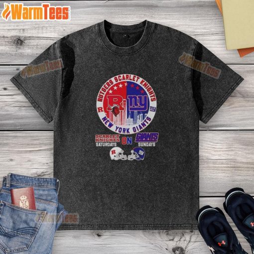 Official Rutgers Scarlet Knights and New York Giants helmet graphic on a city skyline washed t-shirt.