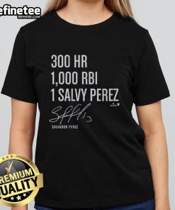 Official Salvador Perez 300 Homers 1000 RBI Ladies Tee showcasing stylish design and vibrant colors for fans.