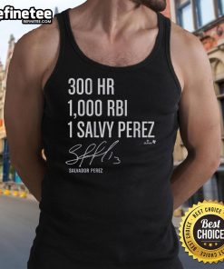 Official Salvador Perez 300 Homers 1000 RBI tank top featuring bold graphics celebrating the baseball star's achievements.