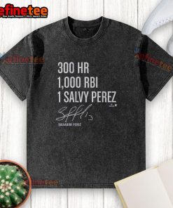 Official Salvador Perez 300 Homers 1000 RBI washed t-shirt showcasing a bold design for baseball fans.