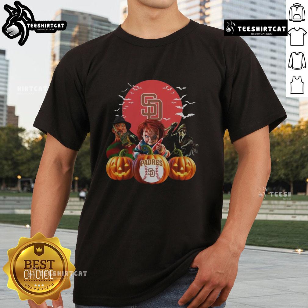 Official San Diego Padres Mlb Horror Movie Halloween T Shirt Official San Diego Padres MLB Halloween T-Shirt featuring a spooky horror movie design for baseball fans.