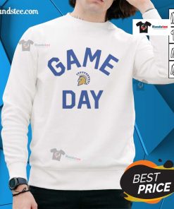 Alt Text: Official San Jose State Spartans game day logo on a college sweatshirt, perfect for fans and sports enthusiasts.